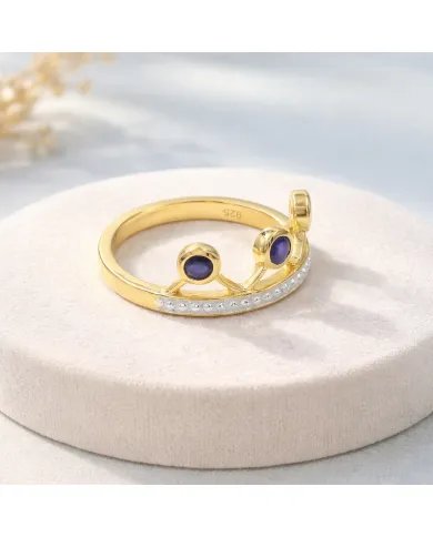 Blue Sapphire Crown Ring – Two-Tone, Gold Plated 925 Silver Jewelry