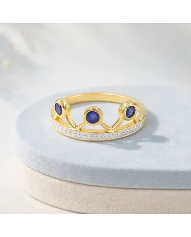 Blue Sapphire Crown Ring – Two-Tone, Gold Plated 925 Silver Jewelry