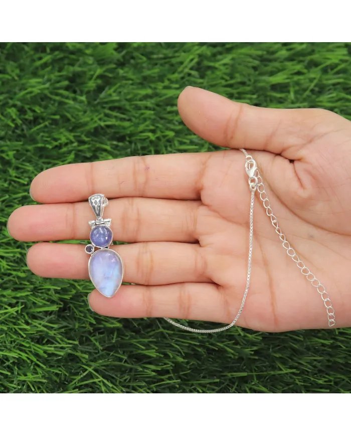 Rainbow Moonstone 925 Silver - Tanzanite and Iolite Gemstone Pendant