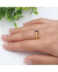 Amethyst Solitaire Ring - Gold Plated 925 Silver Handmade Unique Jewelry