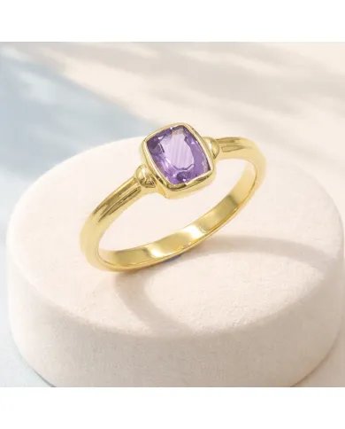 Amethyst Solitaire Ring - Gold Plated 925 Silver Handmade Unique Jewelry
