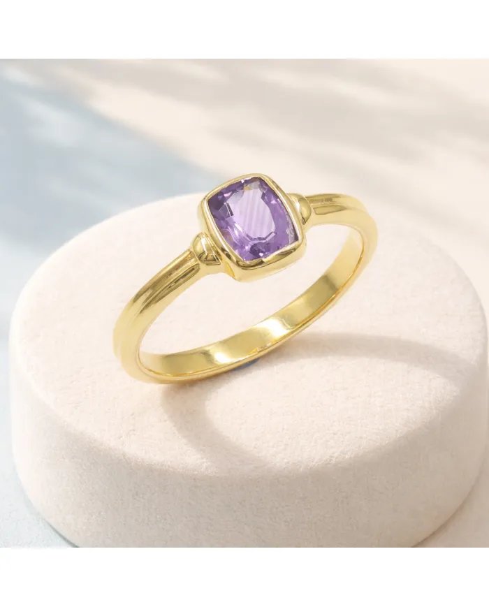 Amethyst Solitaire Ring - Gold Plated 925 Silver Handmade Unique Jewelry