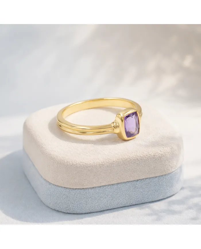 Amethyst Solitaire Ring - Gold Plated 925 Silver Handmade Unique Jewelry
