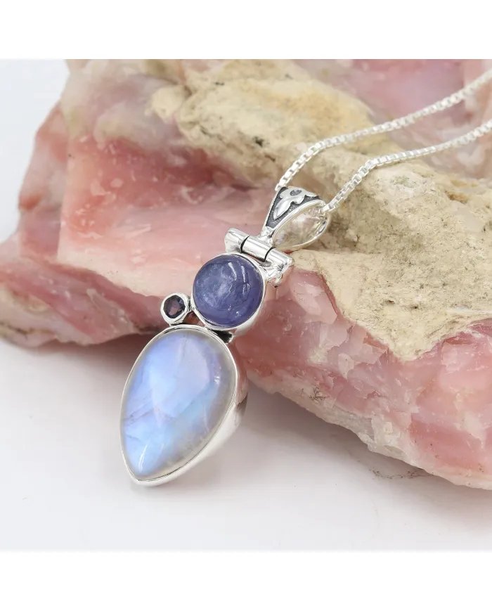 Rainbow Moonstone 925 Silver - Tanzanite and Iolite Gemstone Pendant
