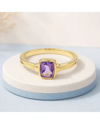 Amethyst Solitaire Ring - Gold Plated 925 Silver Handmade Unique Jewelry
