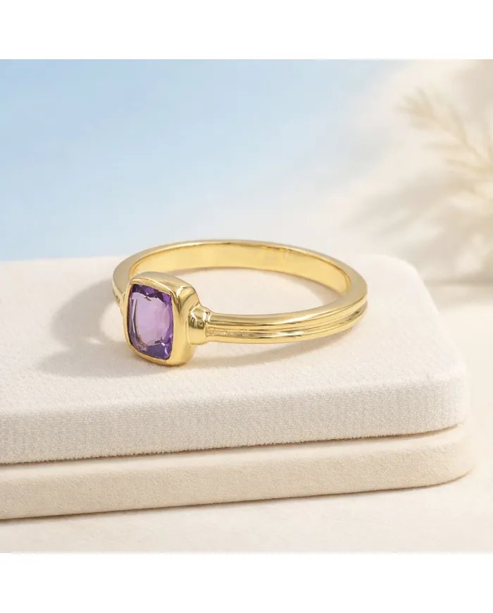Amethyst Solitaire Ring - Gold Plated 925 Silver Handmade Unique Jewelry