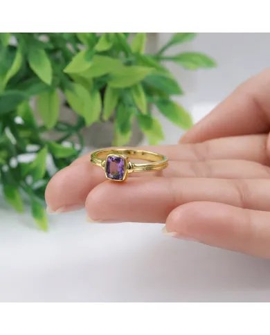 Amethyst Solitaire Ring - Gold Plated 925 Silver Handmade Unique Jewelry