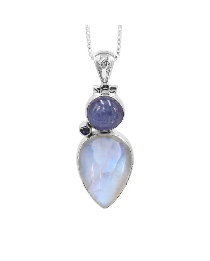 Rainbow Moonstone 925 Silver - Tanzanite and Iolite Gemstone Pendant