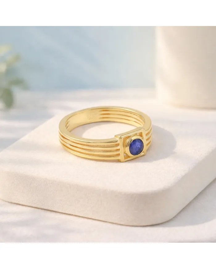 Blue Sapphire Ring - 925 Sterling Silver with Gold Plated Handmade Gift