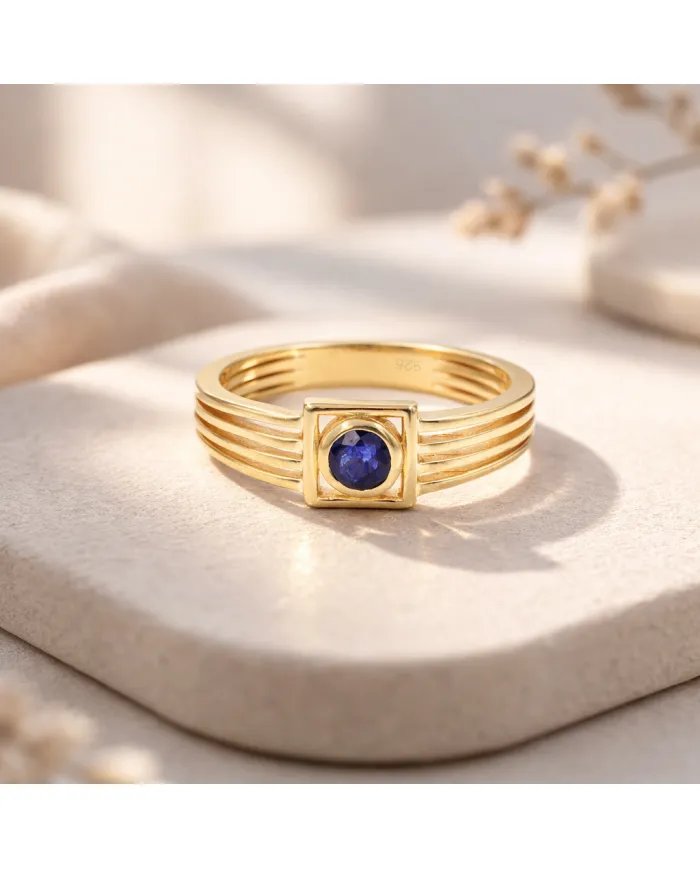 Blue Sapphire Ring - 925 Sterling Silver with Gold Plated Handmade Gift