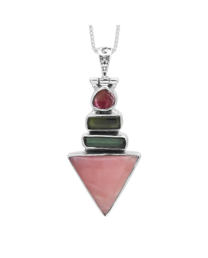 Natural Pink Opal & Tourmaline Pendant – Handmade 925 Sterling Silver Jewelry