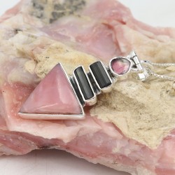 Natural Pink Opal Pendant, Silver Necklaces, Watermelon Tourmaline Pendant, Unique Design Pendant, Vintage Pendant, Gift for Her