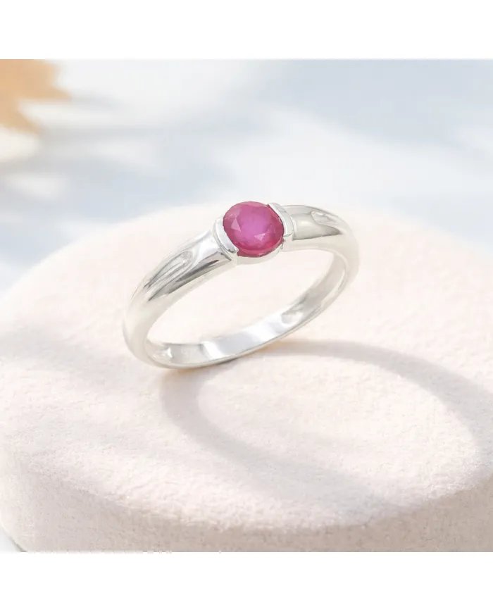 Round Ruby Solitaire Ring – Handcrafted 925 Sterling Silver Band