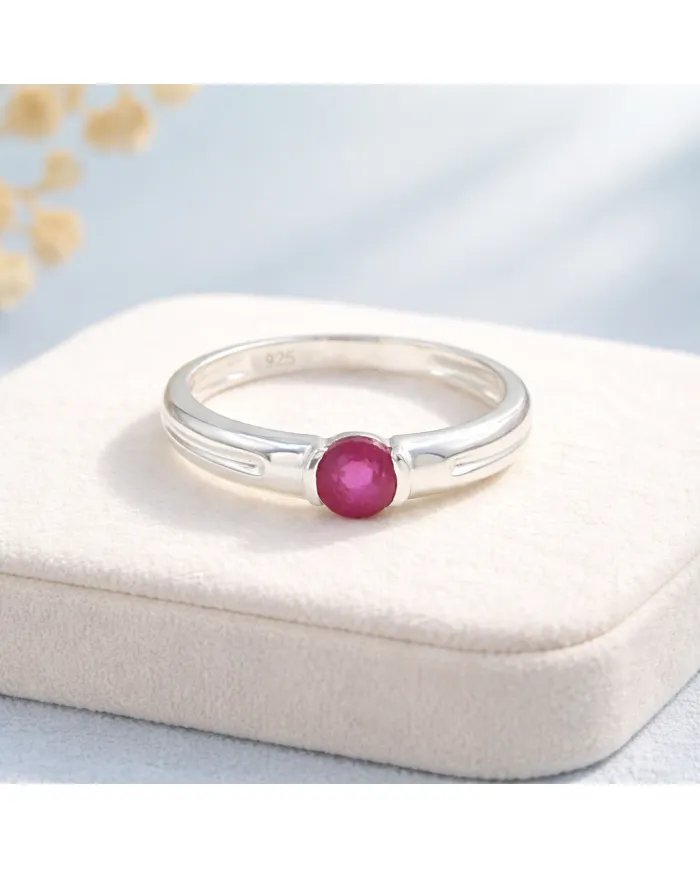Round Ruby Solitaire Ring – Handcrafted 925 Sterling Silver Band