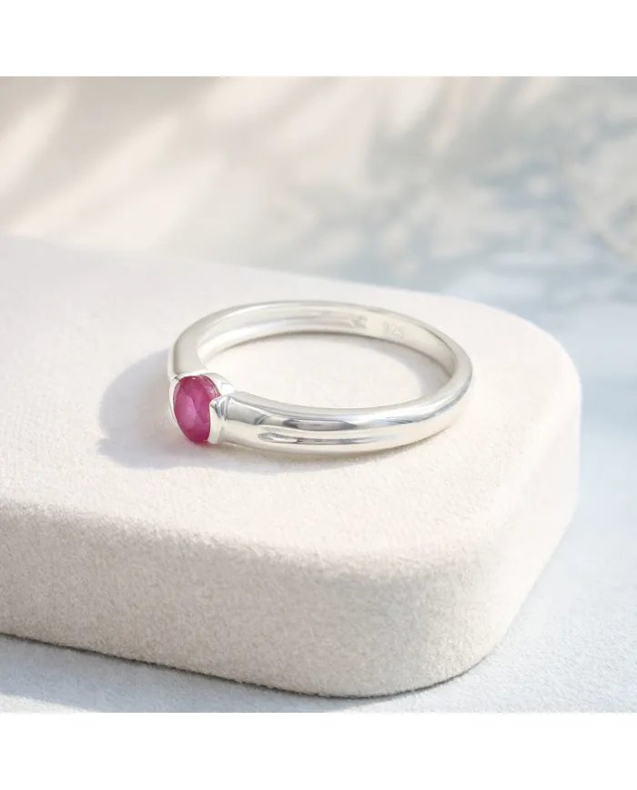 Round Ruby Solitaire Ring – Handcrafted 925 Sterling Silver Band