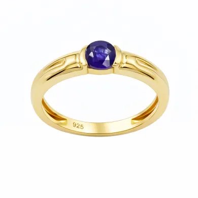 Blue Sapphire Solitaire Ring – Gold Plated  in 925 Sterling Silver Band