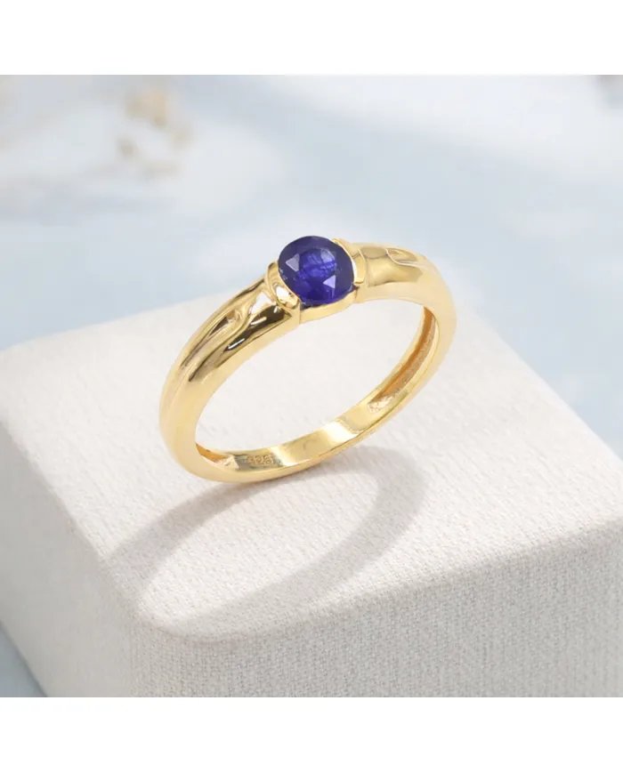 Blue Sapphire Solitaire Ring – Gold Plated  in 925 Sterling Silver Band