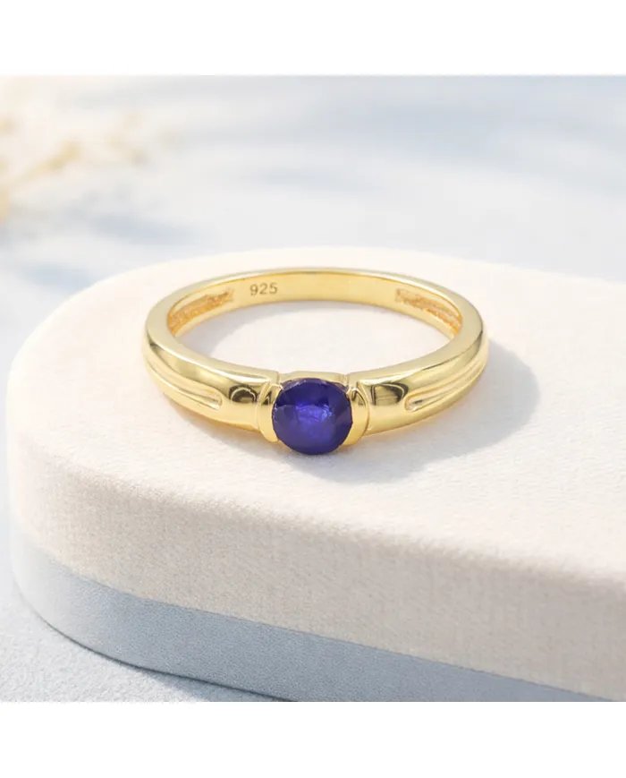 Blue Sapphire Solitaire Ring – Gold Plated  in 925 Sterling Silver Band