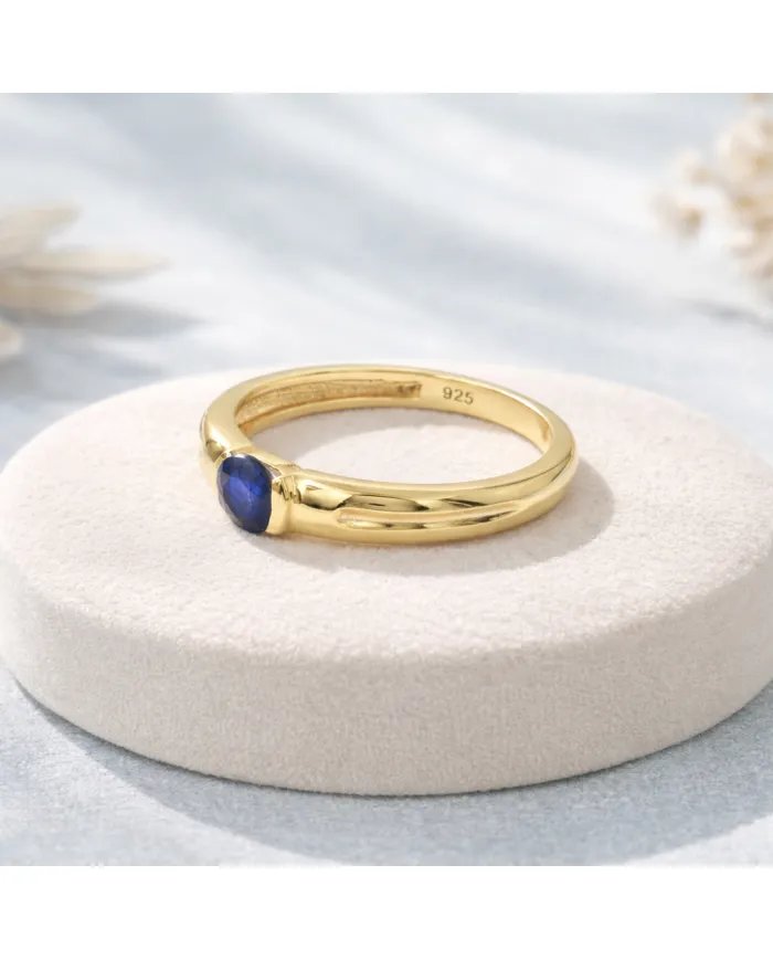 Blue Sapphire Solitaire Ring – Gold Plated  in 925 Sterling Silver Band