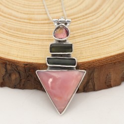 Natural Pink Opal Pendant, Silver Necklaces, Watermelon Tourmaline Pendant, Unique Design Pendant, Vintage Pendant, Gift for Her