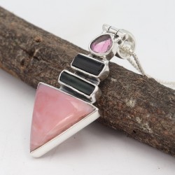 Natural Pink Opal Pendant, Silver Necklaces, Watermelon Tourmaline Pendant, Unique Design Pendant, Vintage Pendant, Gift for Her