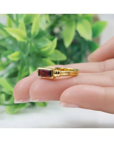 Garnet Ring - Gold Plated 925 Silver Handmade Solitaire Baguette Band