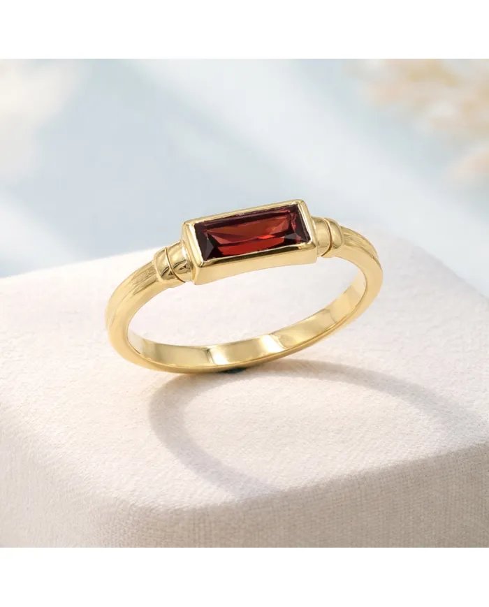 Garnet Ring - Gold Plated 925 Silver Handmade Solitaire Baguette Band