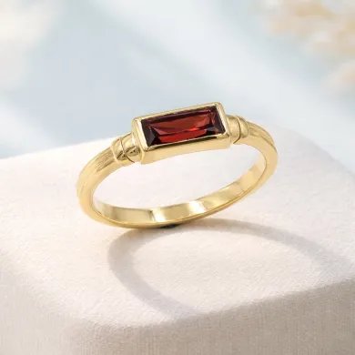 Garnet Ring - Gold Plated 925 Silver Handmade Solitaire Baguette Band