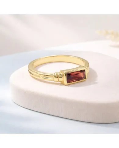 Garnet Ring - Gold Plated 925 Silver Handmade Solitaire Baguette Band