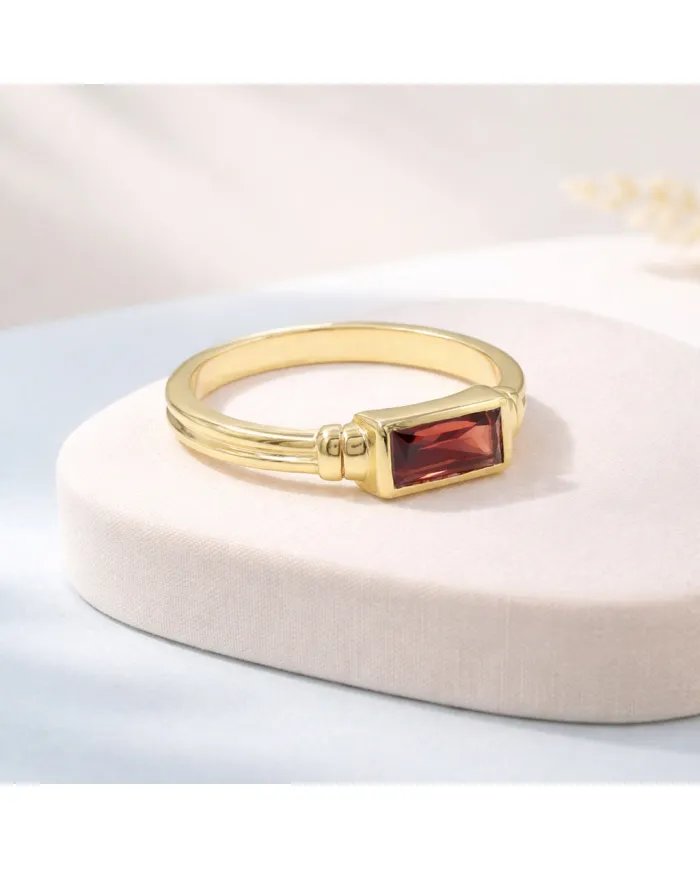 Garnet Ring - Gold Plated 925 Silver Handmade Solitaire Baguette Band