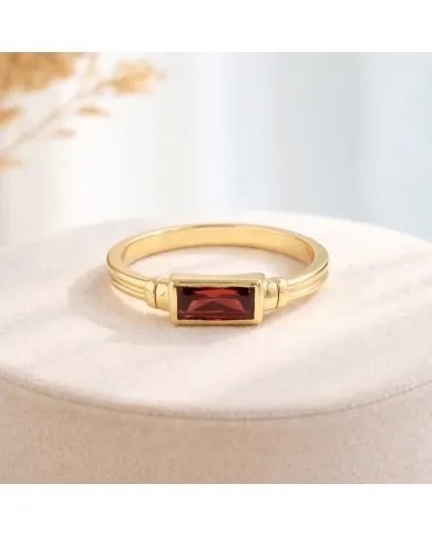 Garnet Ring - Gold Plated 925 Silver Handmade Solitaire Baguette Band