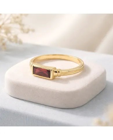 Garnet Ring - Gold Plated 925 Silver Handmade Solitaire Baguette Band