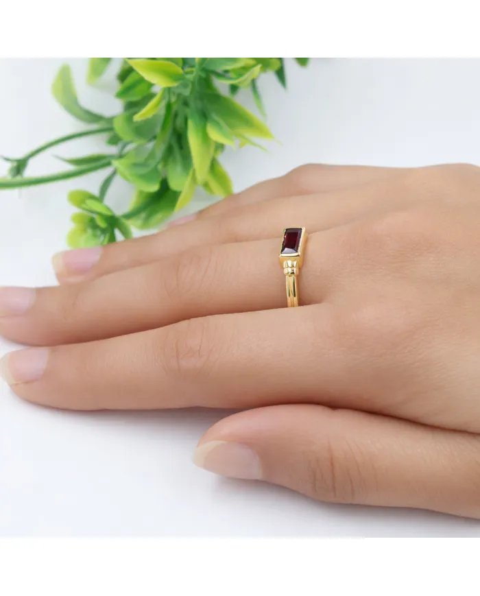 Garnet Ring - Gold Plated 925 Silver Handmade Solitaire Baguette Band