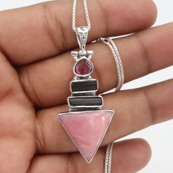 Natural Pink Opal Pendant, Silver Necklaces, Watermelon Tourmaline Pendant, Unique Design Pendant, Vintage Pendant, Gift for Her