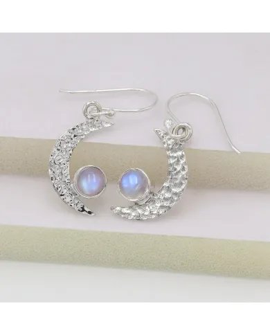 Rainbow Moonstone Earrings - Sterling Silver Half Moon June Birthstone