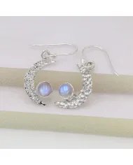 Rainbow Moonstone Earrings - Sterling Silver Half Moon June Birthstone
