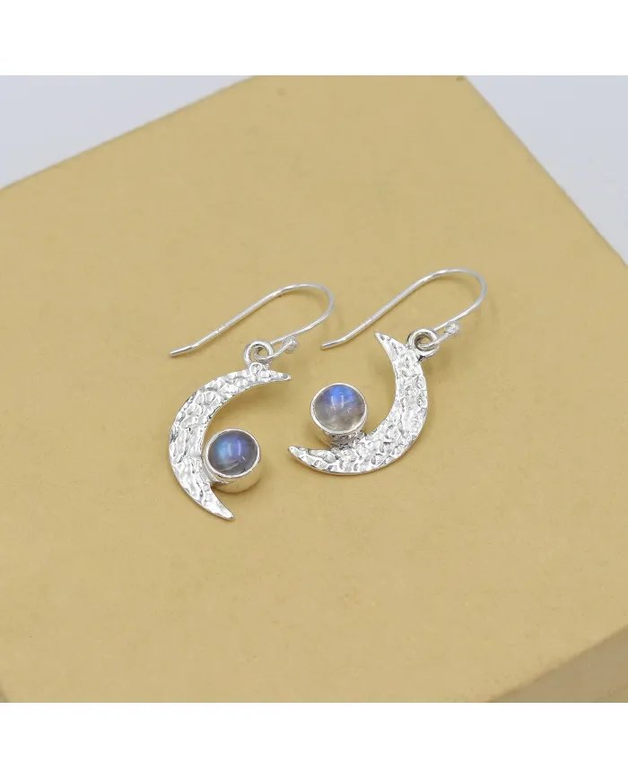 Rainbow Moonstone Earrings - Sterling Silver Half Moon June Birthstone