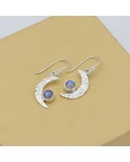 Rainbow Moonstone Earrings - Sterling Silver Half Moon June Birthstone