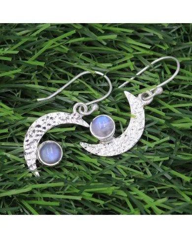 Rainbow Moonstone Earrings - Sterling Silver Half Moon June Birthstone