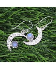 Rainbow Moonstone Earrings - Sterling Silver Half Moon June Birthstone