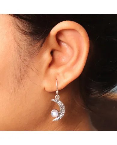 Rainbow Moonstone Earrings - Sterling Silver Half Moon June Birthstone