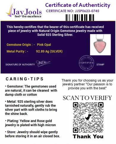 Pink Opal Pendant - 925 Sterling Silver Statement Bohemian Necklace