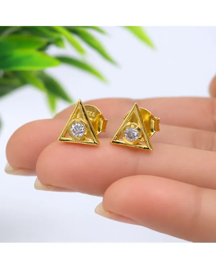 Moissanite Triangle Stud Earrings – Gold Plated 925 Silver Handmade Gift