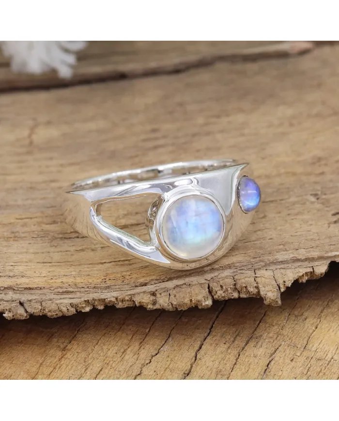 Natural Rainbow Moonstone Ring - 925 Silver Handmade Gemstone Jewelry