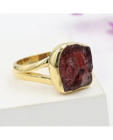 Raw Garnet Ring – Gold Plated 925 Silver Handmade Versatile Jewelry