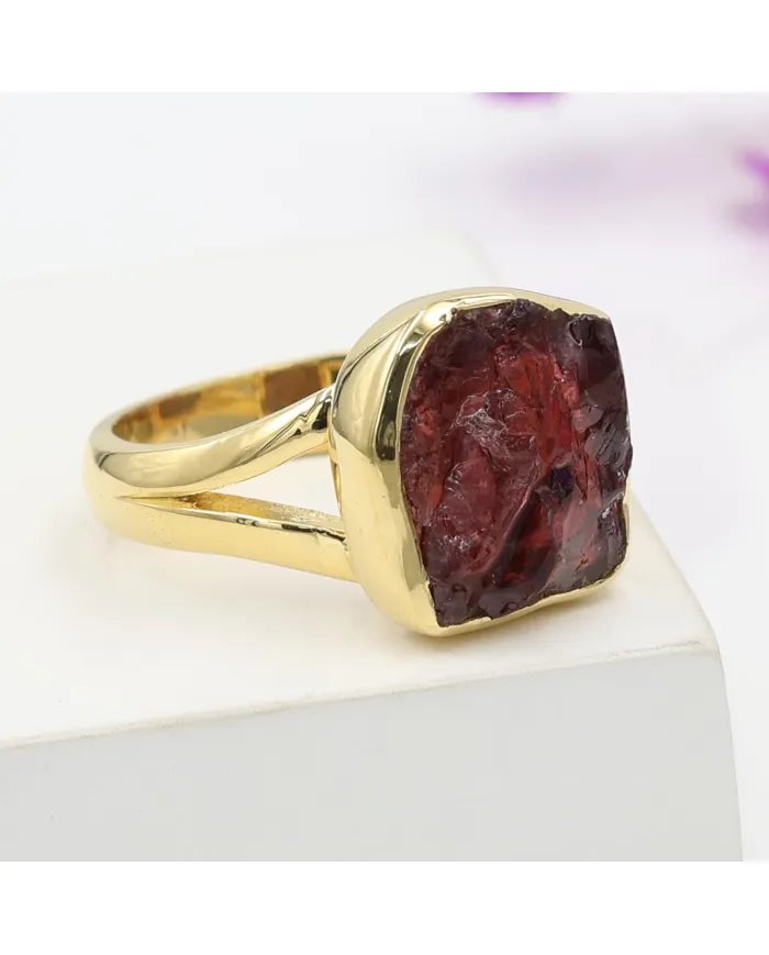 Raw Garnet Ring – Gold Plated 925 Silver Handmade Versatile Jewelry