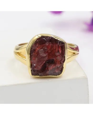 Raw Garnet Ring – Gold Plated 925 Silver Handmade Versatile Jewelry