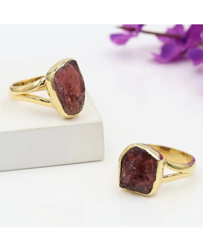 Raw Garnet Ring – Gold Plated 925 Silver Handmade Versatile Jewelry