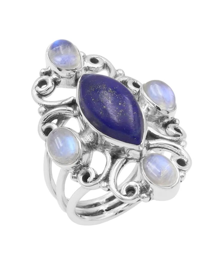 Lapis Lazuli & Rainbow Moonstone Ring – 925 Sterling Silver Handmade Jewelry