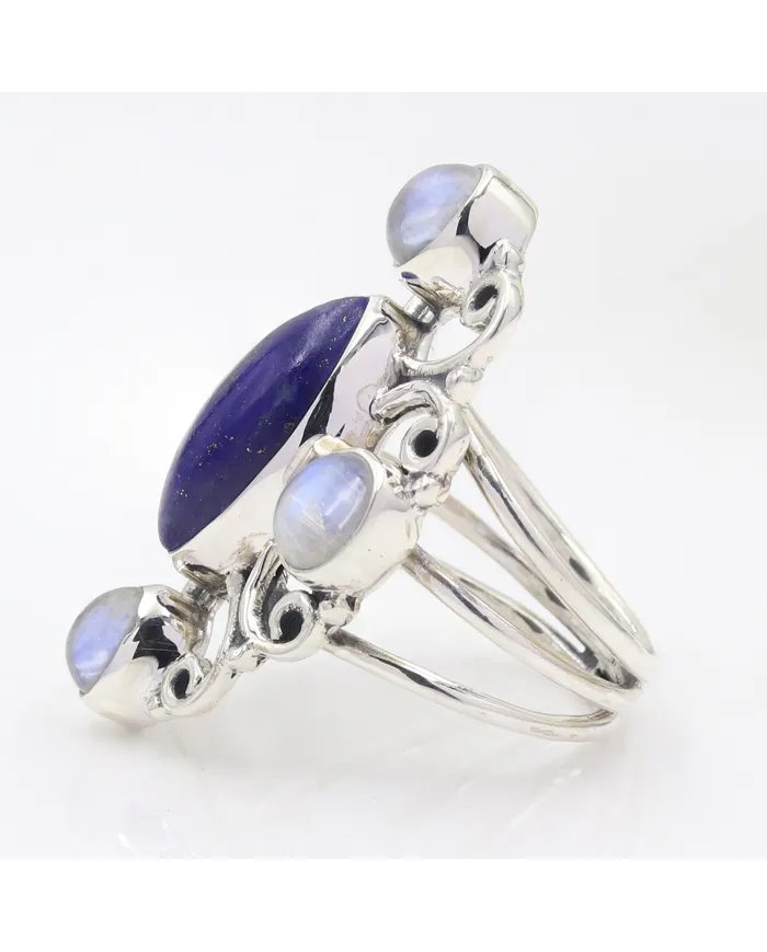 Lapis Lazuli & Rainbow Moonstone Ring – 925 Sterling Silver Handmade Jewelry